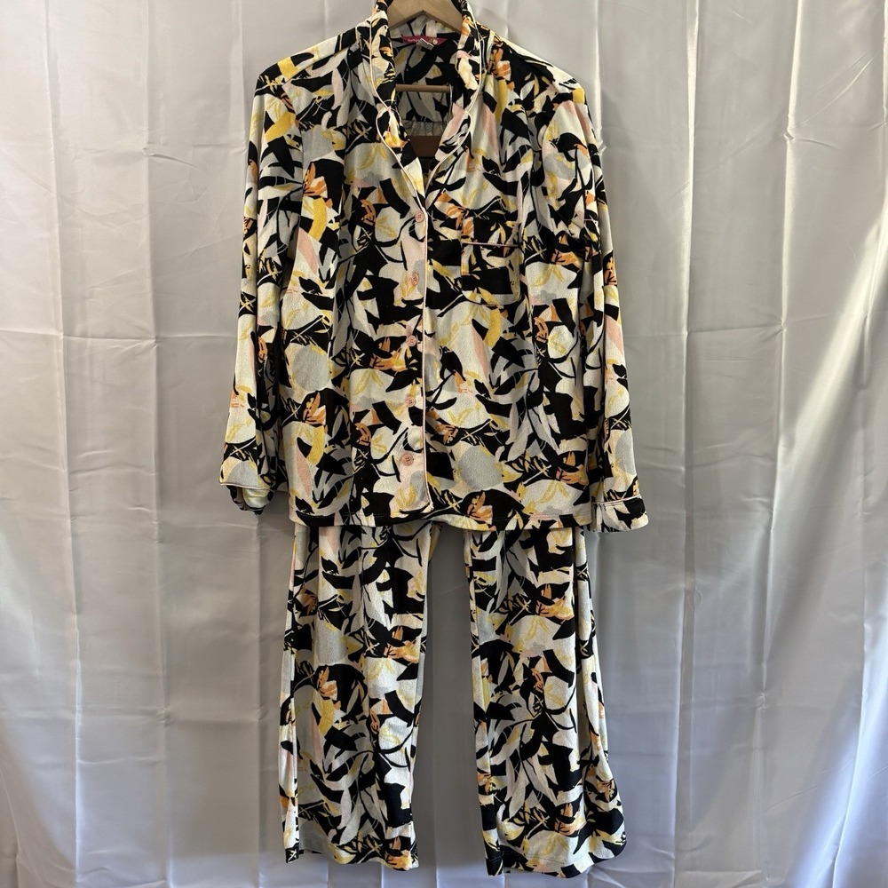 Bumble B Robert Louis 2 Pc Pajama Set Floral Abstract Pjs Fleece Black Yellow L